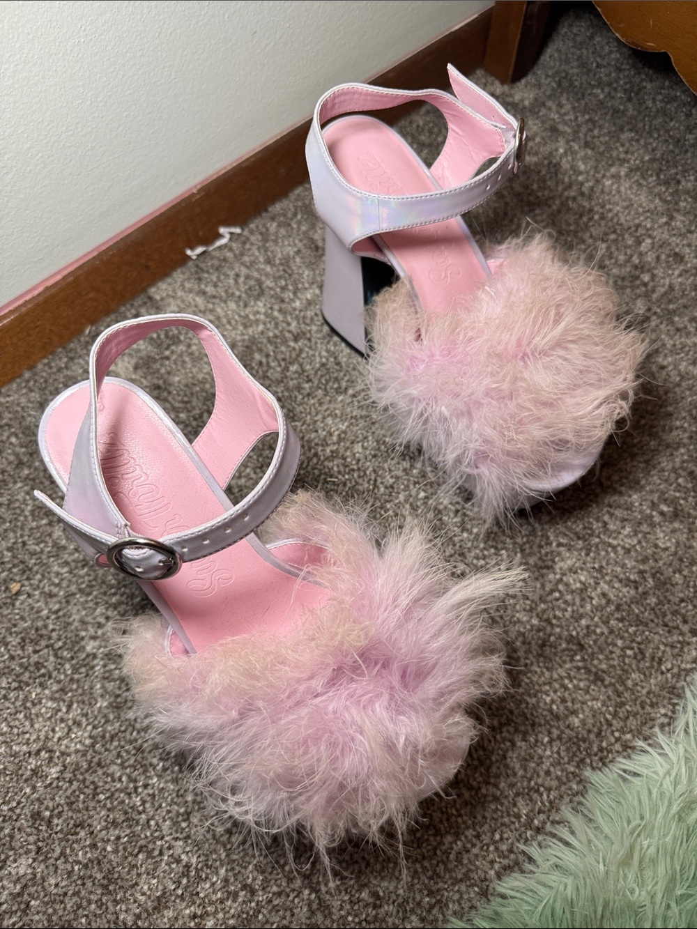 Sugar Thrillz Pink Faux Fur Platform Sandals with Ankle Strap - Picture 2 of 4